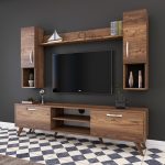 Comoda TV cu raft de perete si 2 cabinete M27 – 284, Wren, 180 x 35 x 48.6 cm/133 cm, walnut