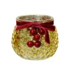 Suport pentru lumanare Velvet ribbon and berry, Decoris, 8×7 cm, sticla, auriu