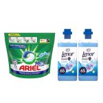Pachet promotional Detergent de rufe capsule Ariel All in One PODS Mountain Spring, 65 spalari + 2 x Balsam de rufe Lenor Spring Awakening, 1.625 L, 65 spalari