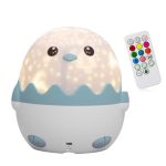 Lampa bebelusi cu Bluetooth, telecomanda si proiector, pentru copii, portabila, rotativa, cu LEDuri multicolore, 13 filme de proiectie color, reincarcabila USB, Pinguin, albastru