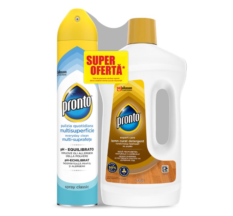 Spray Ingrijire si curatare suprafete multiple Pronto, 300ml + Detergent Pronto Lemn curat, 750ml Spray Ingrijire si curatare suprafete multiple Pronto 300ml Detergent Pronto Lemn curat 750ml