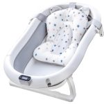 Cadita cu pernuta pentru bebelusi , termometru digital incorporat, pliabila, dop de scurgere, picioare anti-alunecare, design ergonomic, 75 x 45 x 22 cm, gri cu stelute